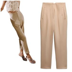 Zara High Rise Tapered Cropped Leg Cigarette Style Camel Brown Trousers Pants